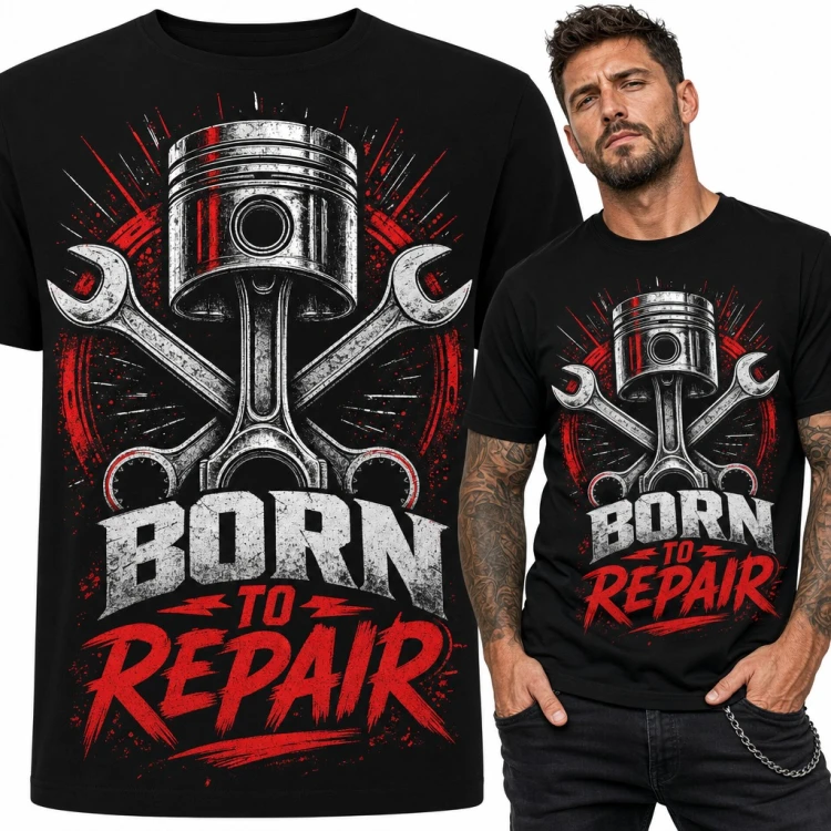 Koszulka męska „Born to Repair” - tłok i klucze dla mechanika