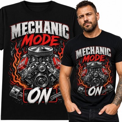 Koszulka męska „Mechanic Mode On” - silnik V8 z tłokami dla mechanika