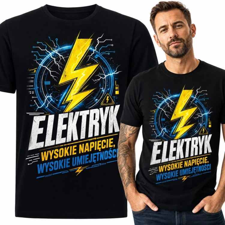 Koszulka męska „Elektryk wysokie napięcie, wysokie umiejętności” z błyskawicą