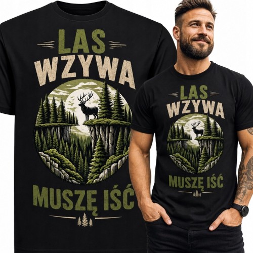Koszulka męska z jeleniem i napisem „Las wzywa, muszę iść” - leśny motyw