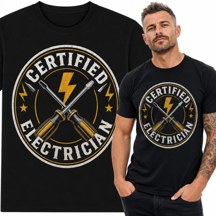Koszulka męska dla elektryka „Certified Electrician” ze śrubokrętami i błyskawicą