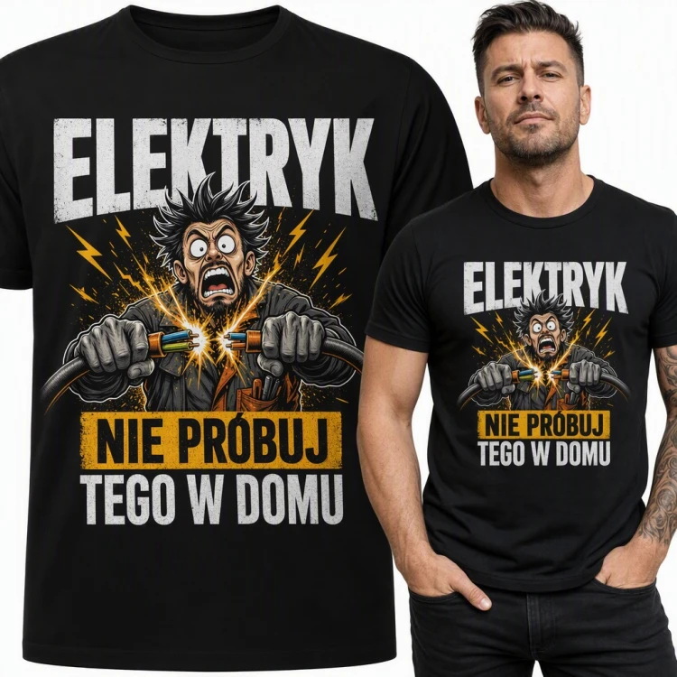 Koszulka męska elektryk „Elektryk nie próbuj tego w domu” - iskrzące kable