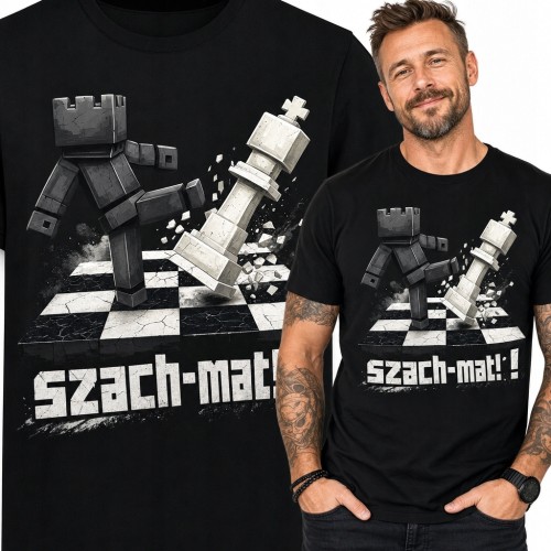 Koszulka męska z motywem szachowym „Szach-mat!” - czarna wieża kontra biały król