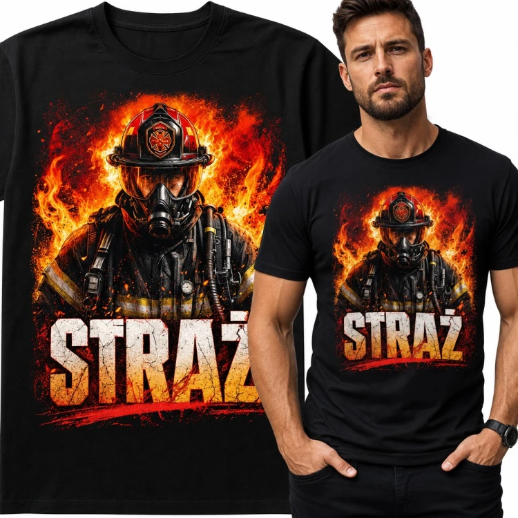 Koszulka męska „Straż” - strażak w hełmie i masce wśród płomieni