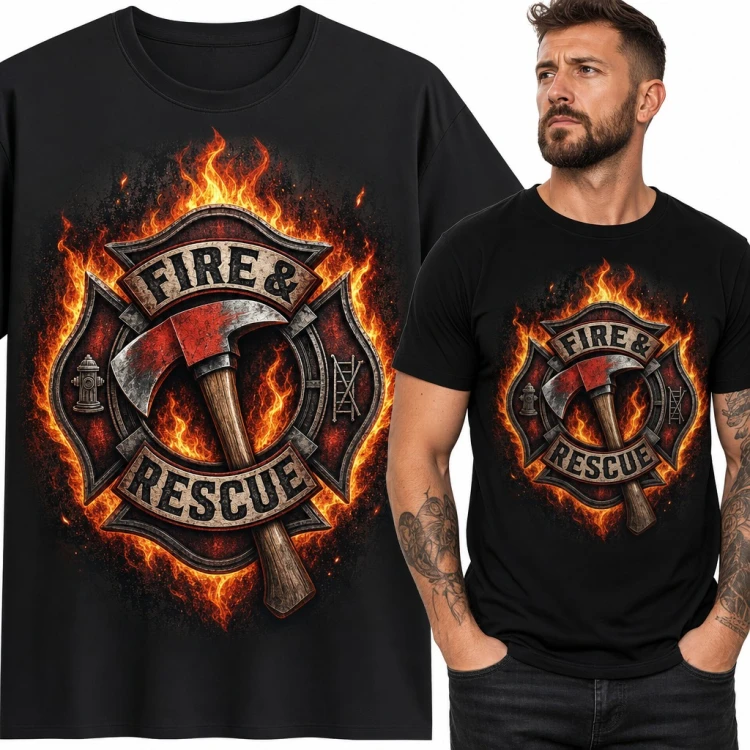 Koszulka męska strażacka z toporem w płomieniach „Fire &amp; Rescue” - prezent dla strażaka