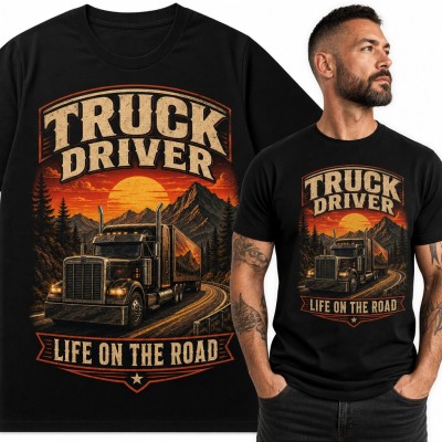 Koszulka męska „Truck Driver - Life on the Road” - TIR na górskiej drodze dla kierowcy ciężarówki