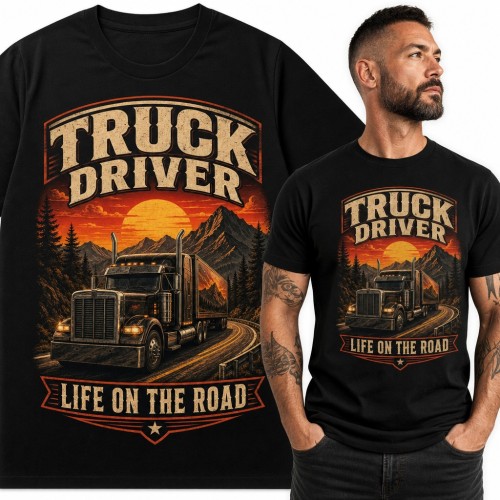 Koszulka męska „Truck Driver - Life on the Road” - TIR na górskiej drodze dla kierowcy ciężarówki