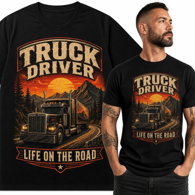 Koszulka męska „Truck Driver - Life on the Road” - TIR na górskiej drodze dla kierowcy ciężarówki