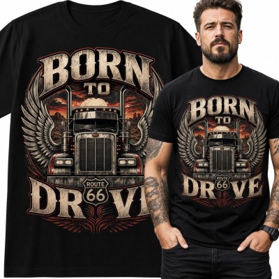 Koszulka męska „Born to Drive” - ciężarówka TIR ze skrzydłami dla kierowcy