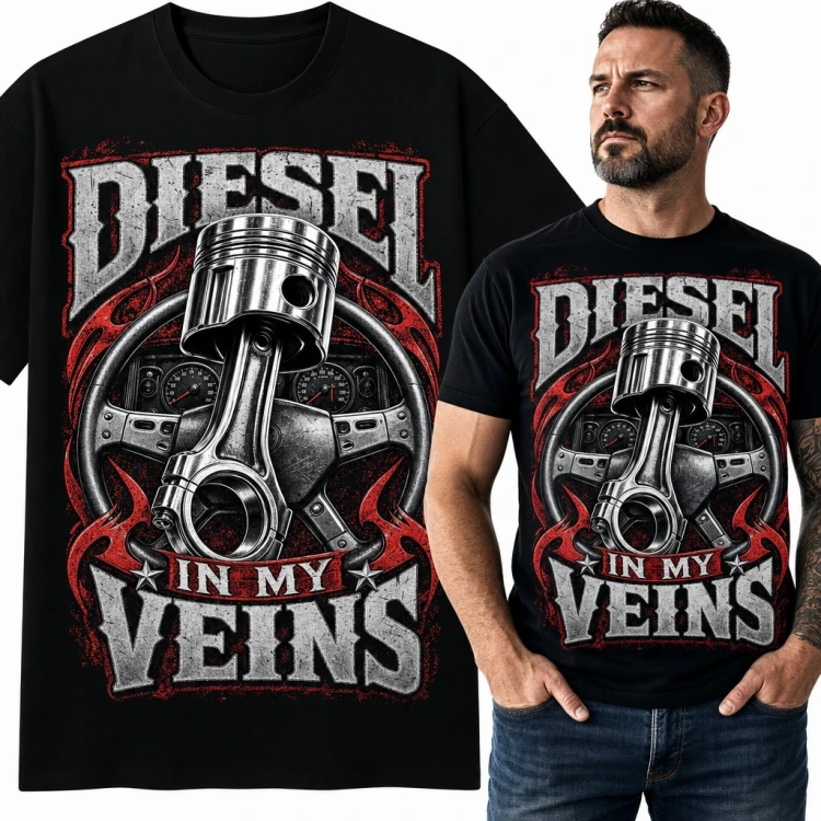 Koszulka męska „Diesel in my veins” z tłokiem i kierownicą - dla kierowcy