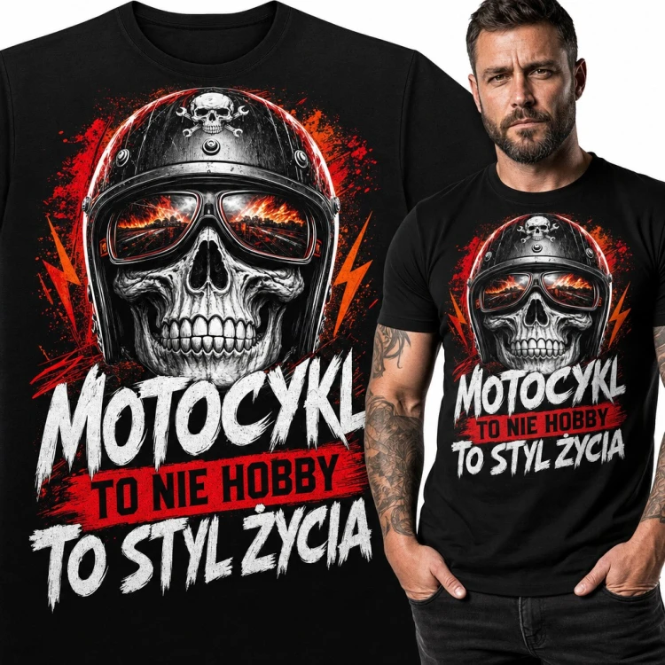 Koszulka męska z czaszką w kasku motocyklowym i napisem „Motocykl to nie hobby, to styl życia”