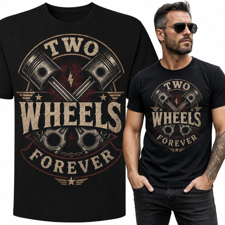 Koszulka męska „Two Wheels Forever” - motocyklowy emblemat z tłokami dla motocyklisty