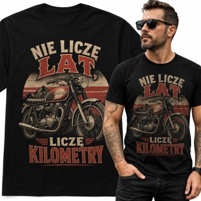 Koszulka męska z motocyklem retro „Nie liczę lat, liczę kilometry” dla motocyklisty