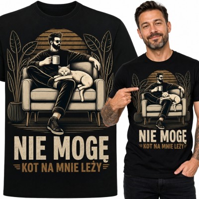 Koszulka męska z kotem „Nie mogę - kot na mnie leży” - humorystyczny wzór retro