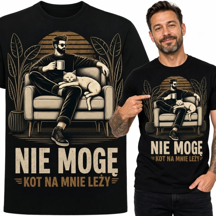 Koszulka męska z kotem „Nie mogę - kot na mnie leży” - humorystyczny wzór retro