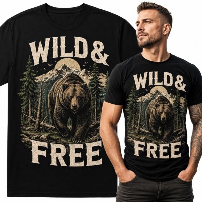 Koszulka męska z niedźwiedziem grizzly w górskim lesie „Wild &amp; Free”