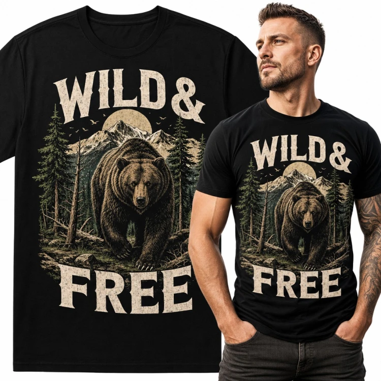 Koszulka męska z niedźwiedziem grizzly w górskim lesie „Wild &amp; Free”