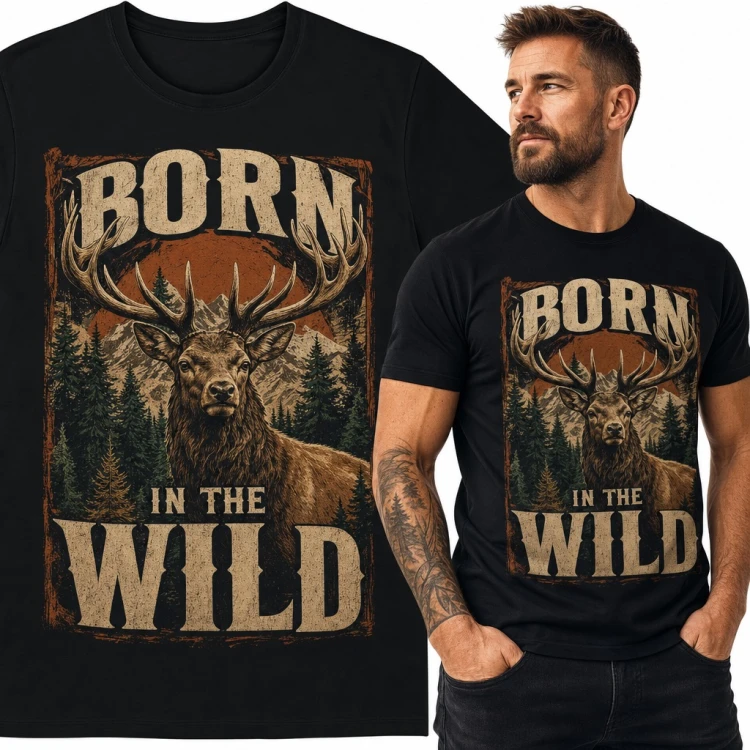 Koszulka męska jeleń z porożem na tle gór i lasu „Born in the Wild”
