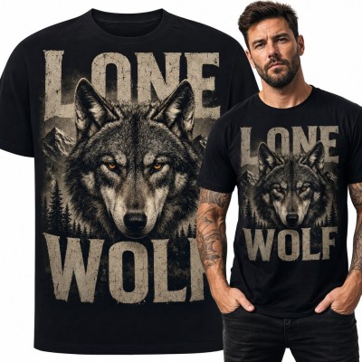 Koszulka męska z głową wilka na tle gór i lasu „Lone Wolf”