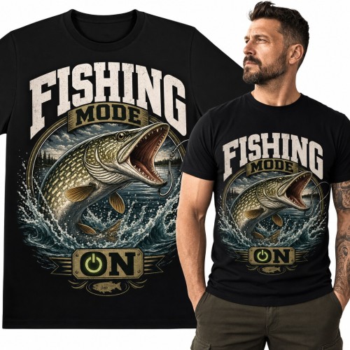 Koszulka męska „Fishing Mode On” - szczupak na haczyku dla wędkarza