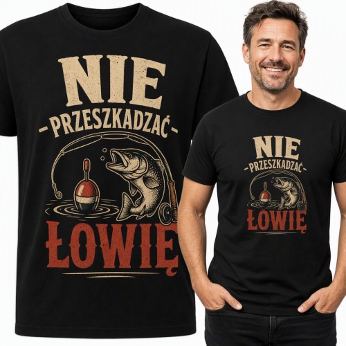 Koszulka męska „Nie przeszkadzać łowię” - wędkarz z rybą i spławikiem
