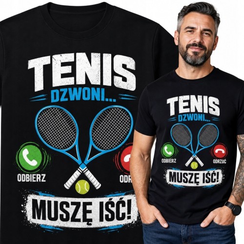 Koszulka męska dla tenisisty „Tenis dzwoni... muszę iść!” - rakiety i motyw telefonu