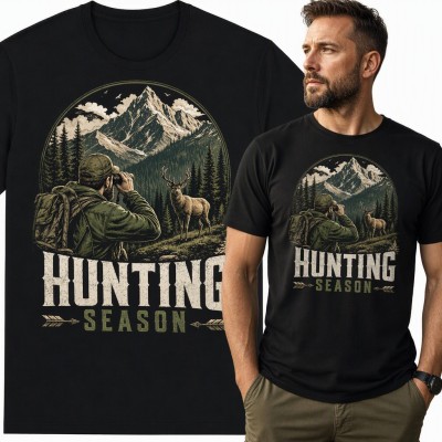 Koszulka męska „Hunting Season” - myśliwy z lornetką i jeleń w górach