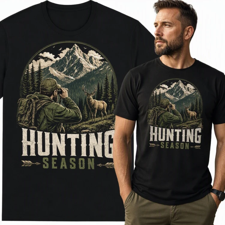 Koszulka męska „Hunting Season” - myśliwy z lornetką i jeleń w górach