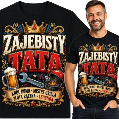 Koszulka męska „Zajebisty tata” - król domu, mistrz grilla i złota rączka