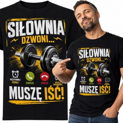 Koszulka męska na siłownię „Siłownia dzwoni... muszę iść!” - humorystyczny nadruk