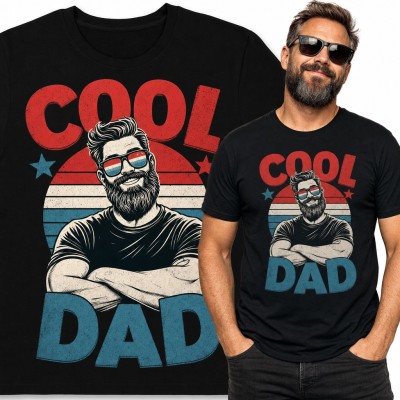 Koszulka męska „Cool Dad” - brodaty tata w okularach na tle retro zachodu słońca