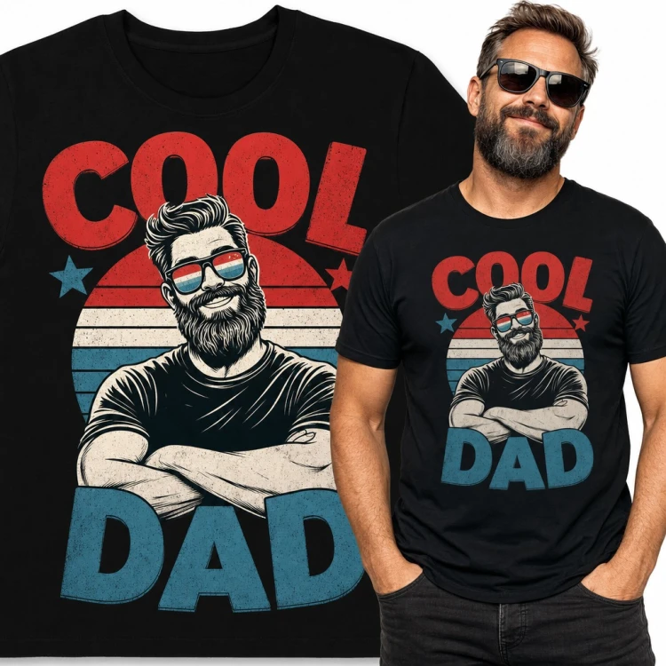 Koszulka męska „Cool Dad” - brodaty tata w okularach na tle retro zachodu słońca