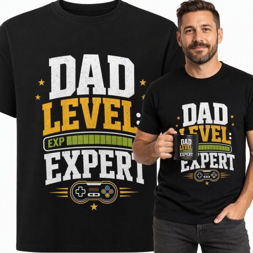 Koszulka męska „Dad level: expert” - pad do gier i pasek EXP dla taty gracza