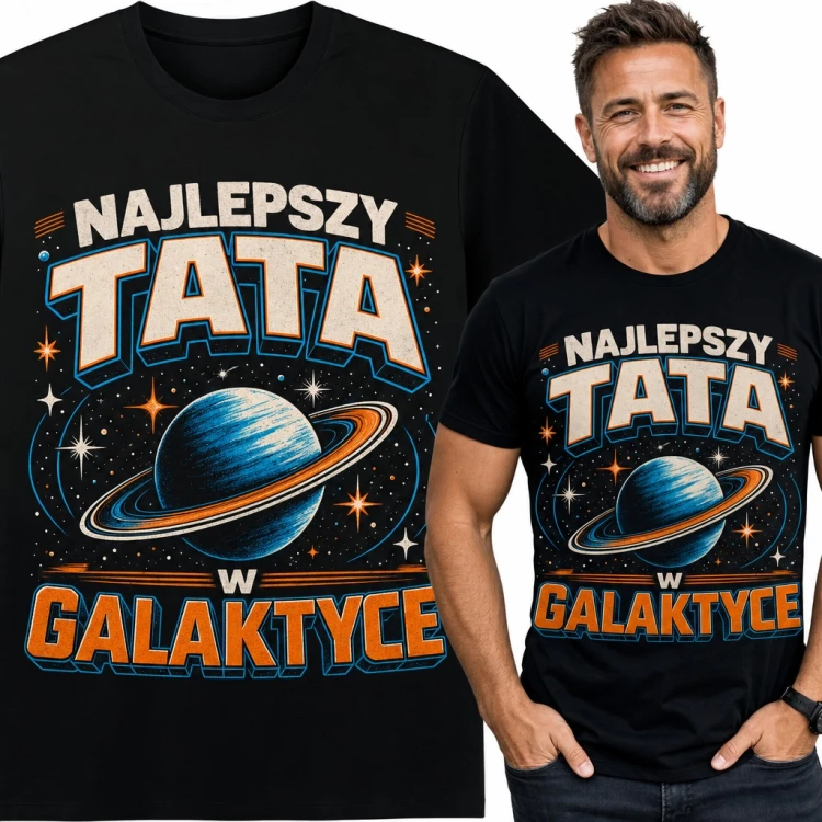 Koszulka męska „Najlepszy tata w galaktyce” - planeta z pierścieniami na Dzień Ojca