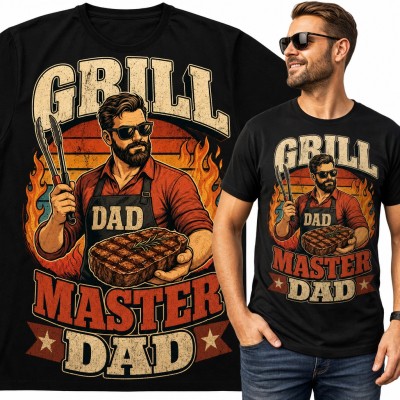 Koszulka męska „Grill Master Dad” - brodaty tata ze stekiem i szczypcami