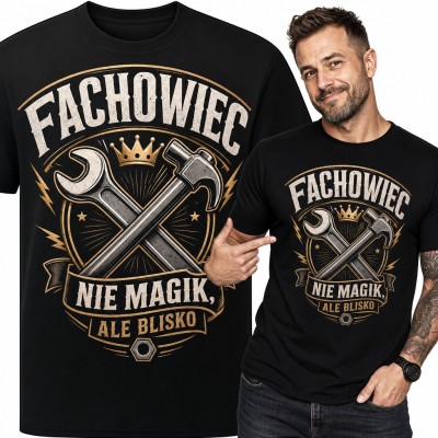 Koszulka męska „Fachowiec nie magik, ale blisko” - klucz i młotek z koroną