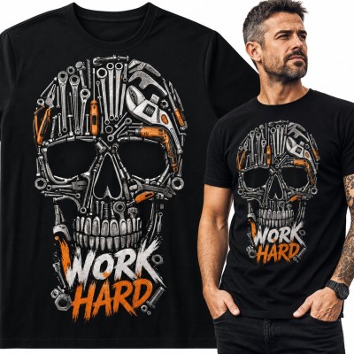 Koszulka męska czaszka z narzędzi „Work Hard” - dla mechanika