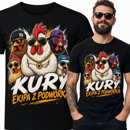 Koszulka męska z kurami w okularach i złotych łańcuchach „Kury ekipa z podwórka”