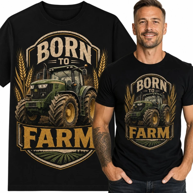 Koszulka męska z traktorem i napisem „Born to Farm” dla rolnika