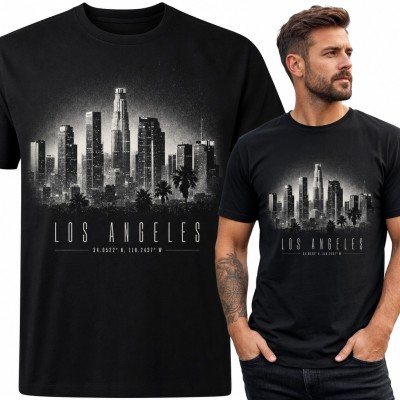 Koszulka męska „Los Angeles” - panorama wieżowców z palmami i współrzędnymi