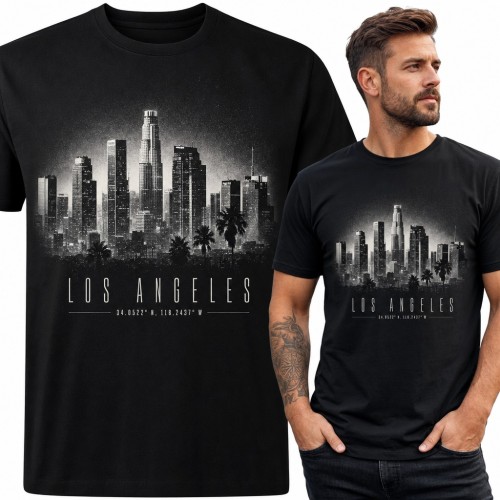 Koszulka męska „Los Angeles” - panorama wieżowców z palmami i współrzędnymi
