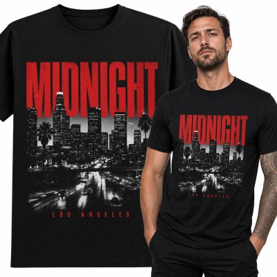 Koszulka męska „Midnight Los Angeles” - nocna panorama z palmami i autostradą