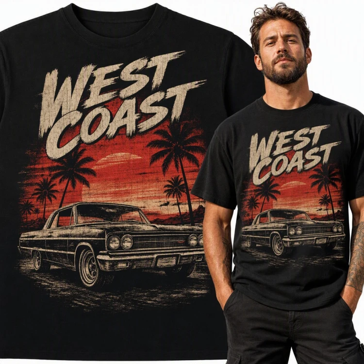 Koszulka męska „West Coast” - klasyczny samochód pod palmami