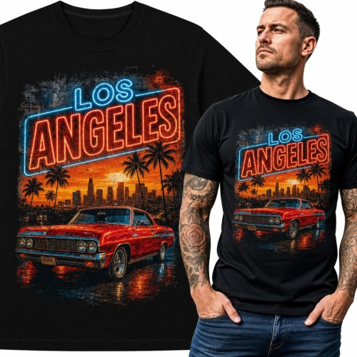 Koszulka męska „Los Angeles” - neon i czerwony klasyczny samochód pod palmami