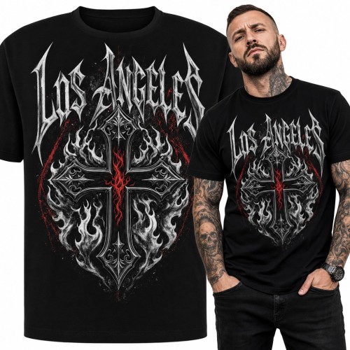 Koszulka męska „Los Angeles” - gotycki krzyż w płomieniach