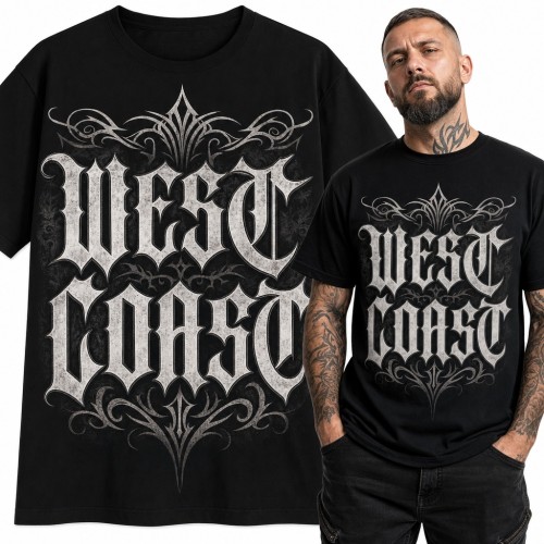 Koszulka męska „West Coast” - gotyckie liternictwo chicano z ornamentem