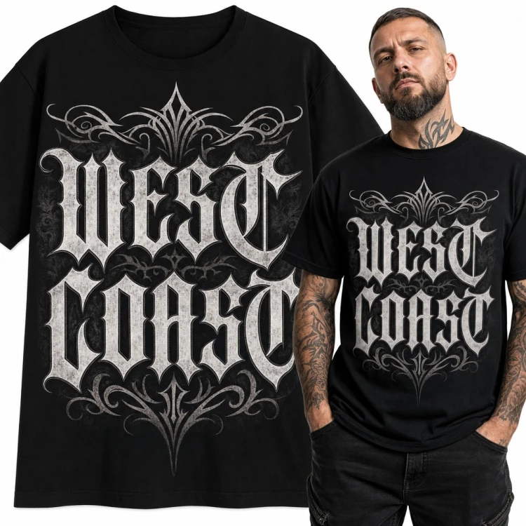Koszulka męska „West Coast” - gotyckie liternictwo chicano z ornamentem