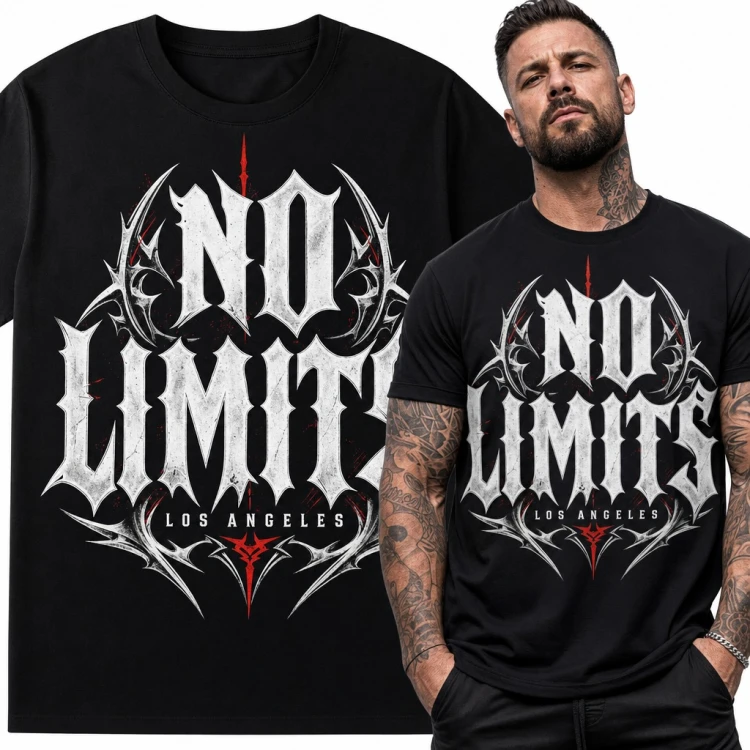 Koszulka męska „No Limits” - metalowy liternictwo z tribalowymi ornamentami Los Angeles