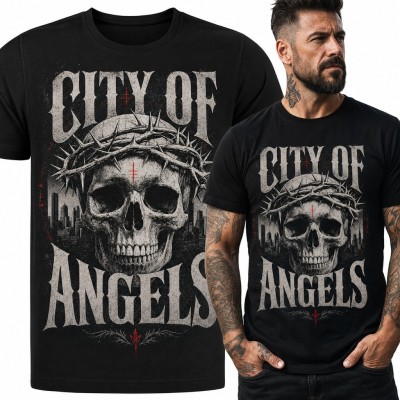 Koszulka męska „City of Angels” - czaszka w koronie cierniowej na tle Los Angeles