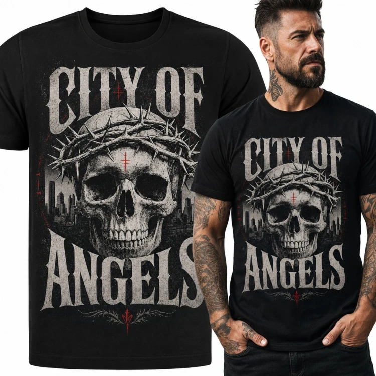 Koszulka męska „City of Angels” - czaszka w koronie cierniowej na tle Los Angeles